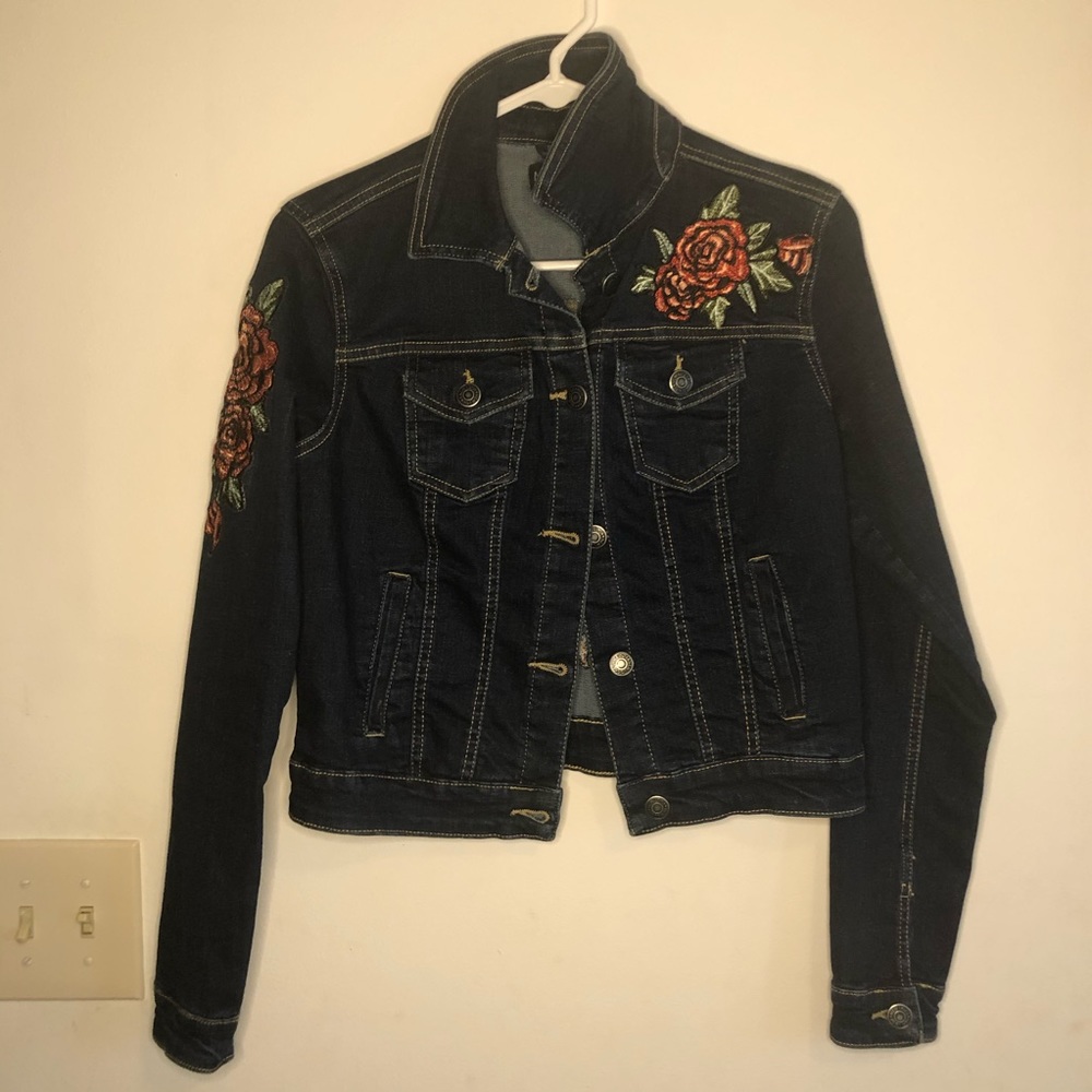 Dark Blue Denim Jean Jacket with Rose Embroidery